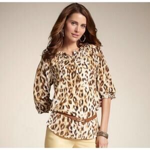 Chico's Leopard Print‎ Peasant Boho Prairie Sheer 3/4 Top Blouse Size 0 (S)